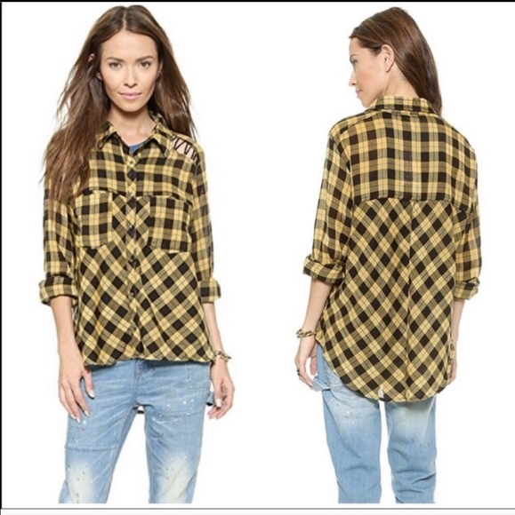 Free People tunic top med. Relaxed fit plaid yellow black - Picture 1 of 7